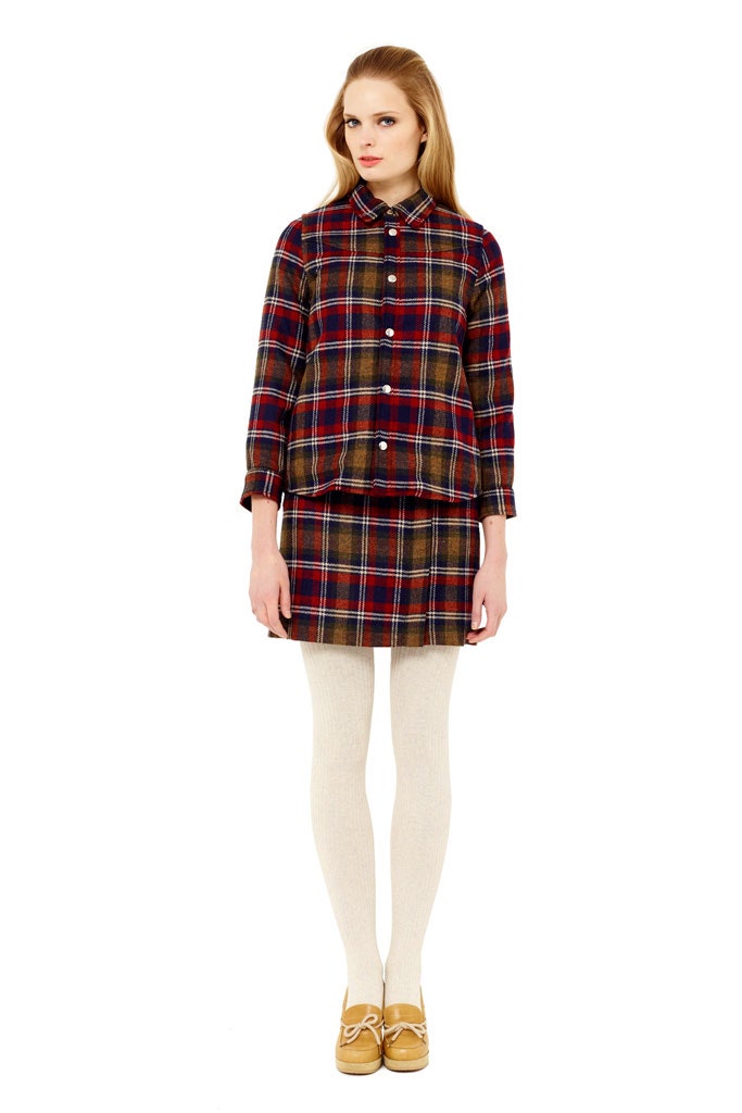 relaxed plaid shirt and skirt