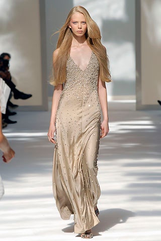 beige silk sleeveless gown