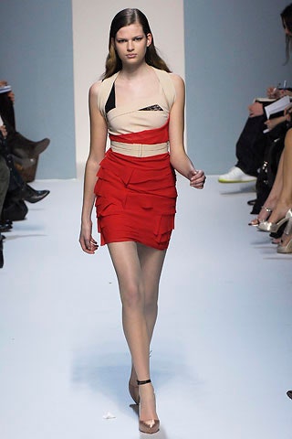 fitted red and beige pleated dress