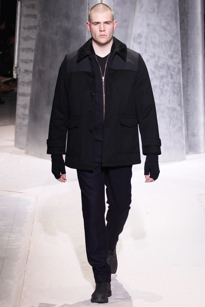 black fitted jacket with slim pants