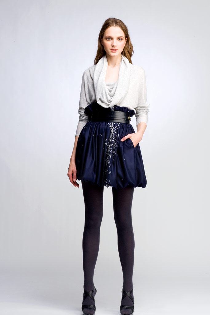 blue silk fitted high-waisted pleated pockets skirt