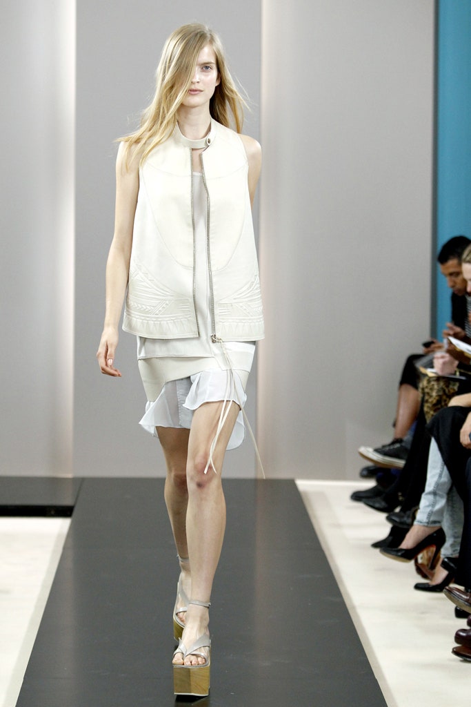 white silk mini dress with leather jacket