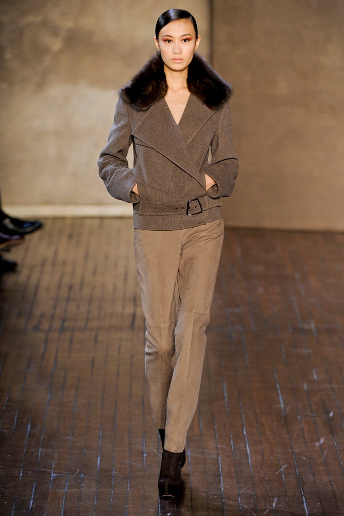 brown wool long-sleeve collared fitted zippered belted jacket