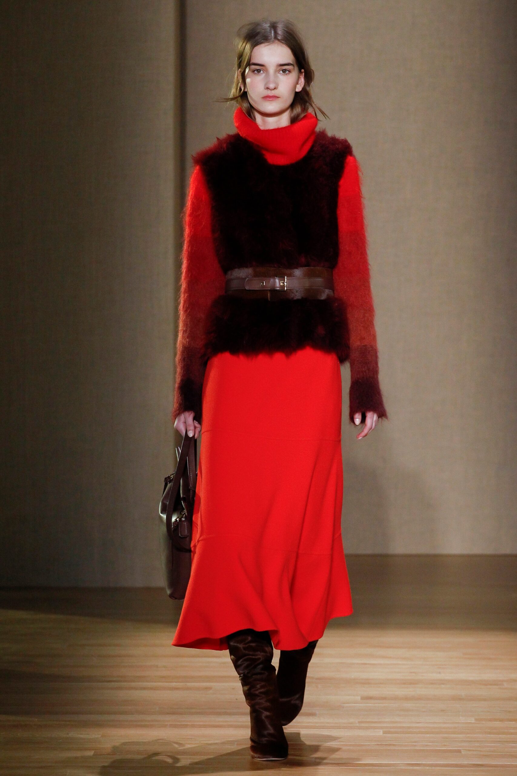 red wool long-sleeve high-neck fitted a-line midi dress