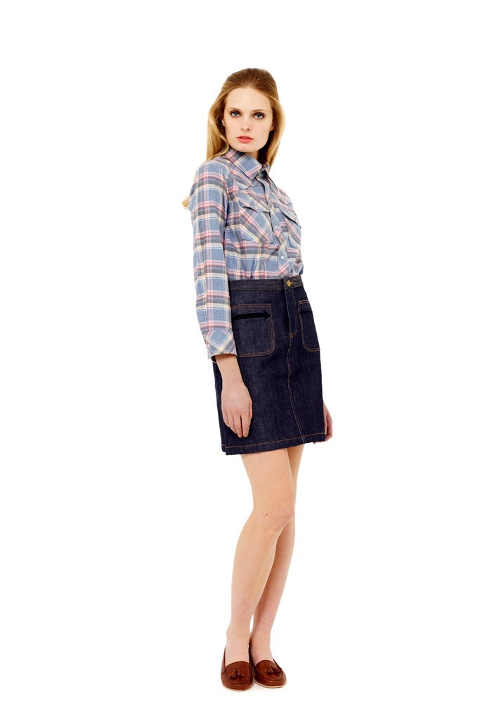 checked shirt and denim skirt