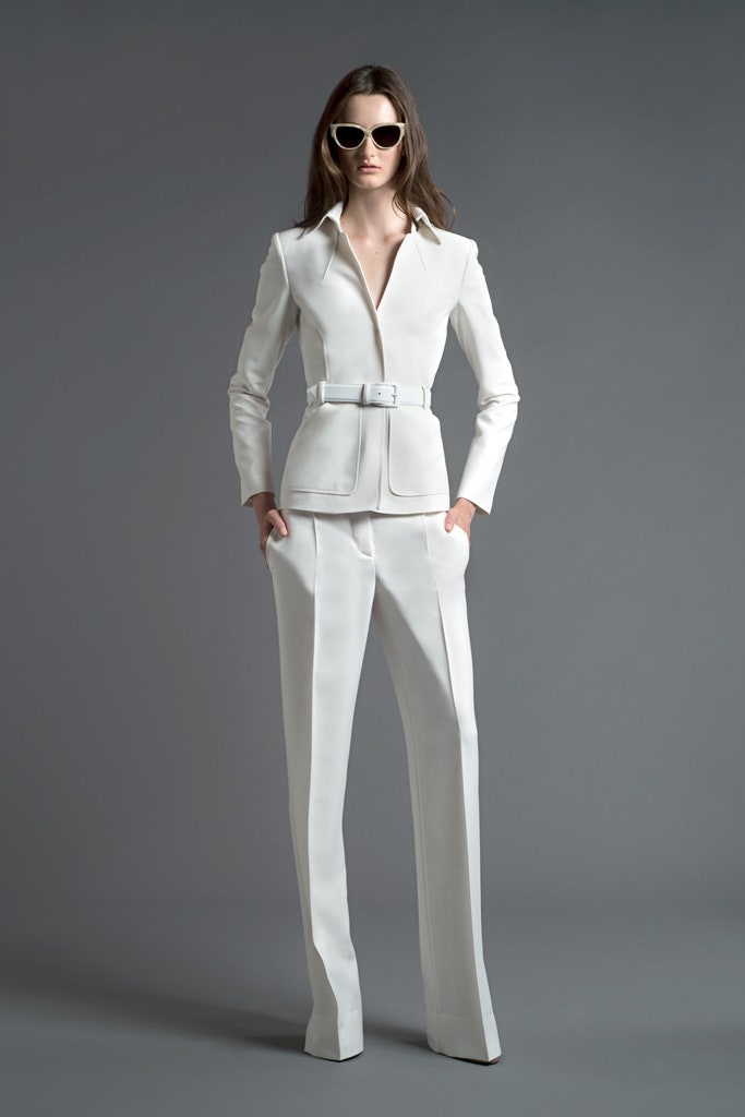 white cotton long-sleeve collared tailored belted blazer