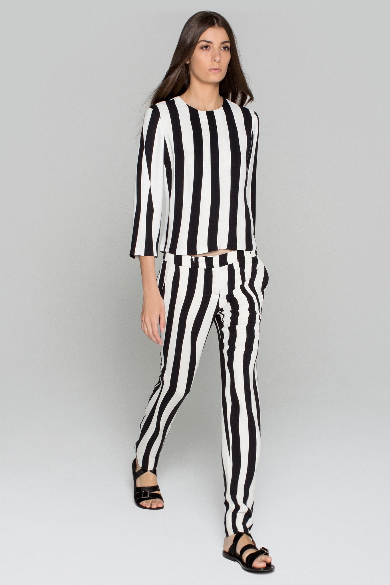 black and white striped top and pants