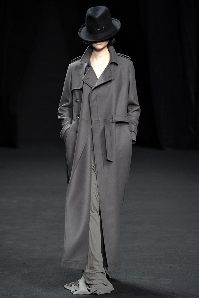 gray wool trench coat and gray silk dress