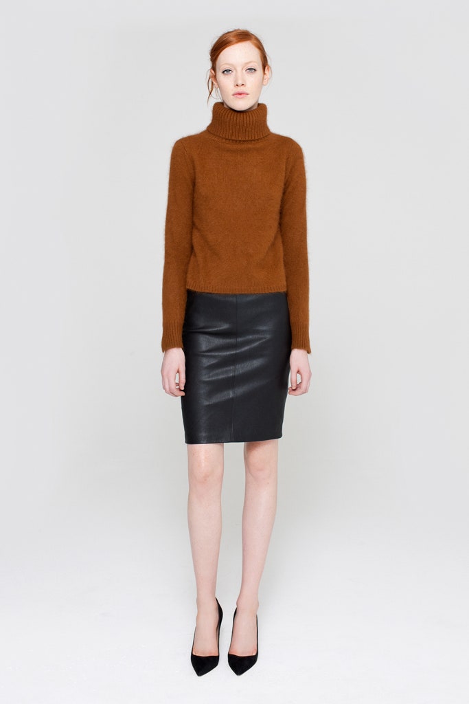 brown wool fitted sweater with black leather skirt