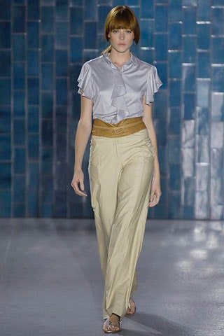 gray silk blouse and beige pants