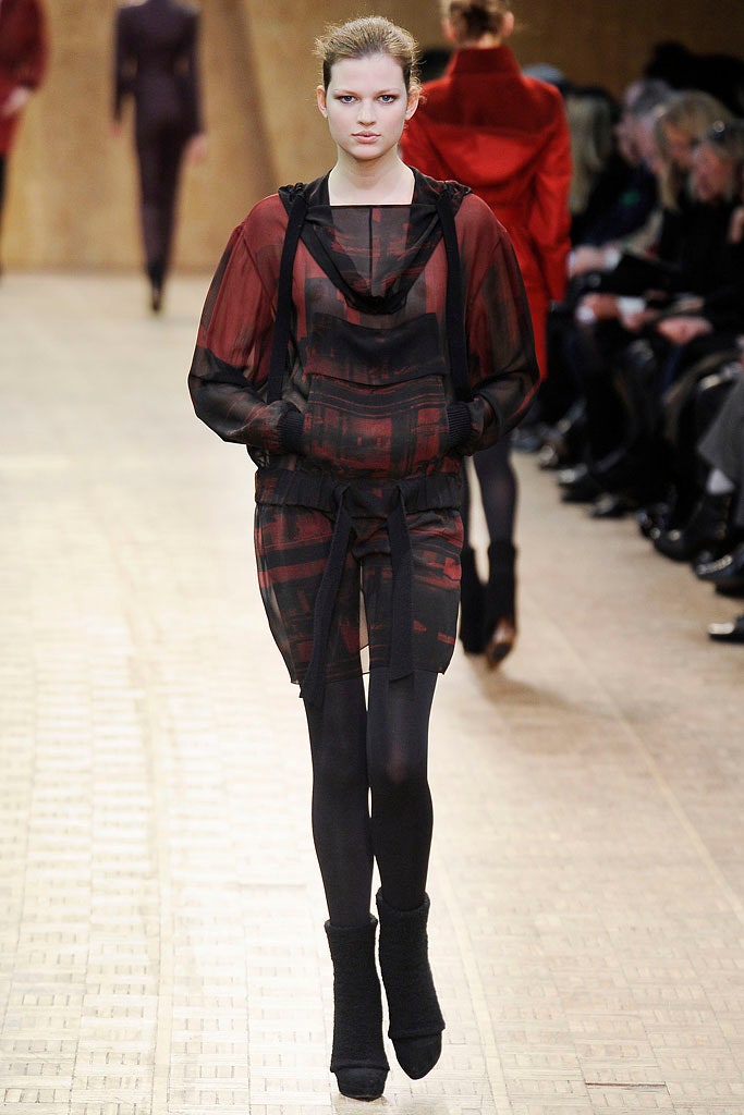 red silk long-sleeve hooded relaxed layered sheer dress
