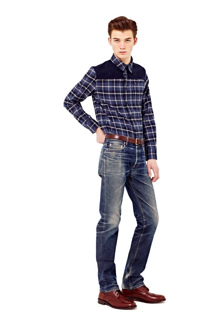 blue cotton long-sleeve collared fitted checked shirt