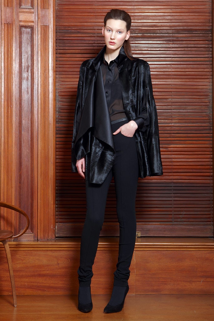 black silk long-sleeve relaxed draped shiny cape
