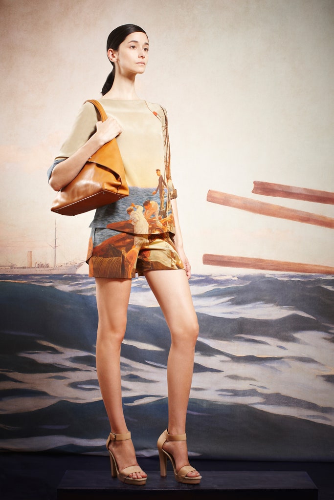 beige silk top with brown shorts