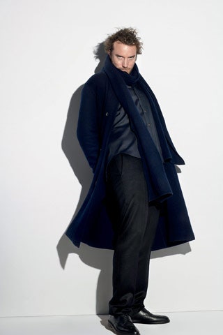 black wool coat with blue shirt