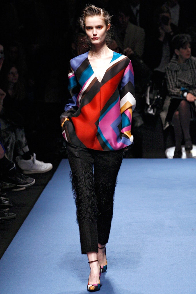 multi silk long-sleeve v-neck relaxed color-blocked top