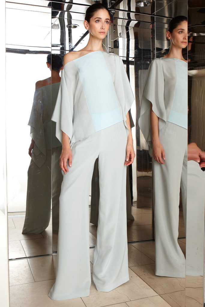 light blue silk off-shoulder jumpsuit