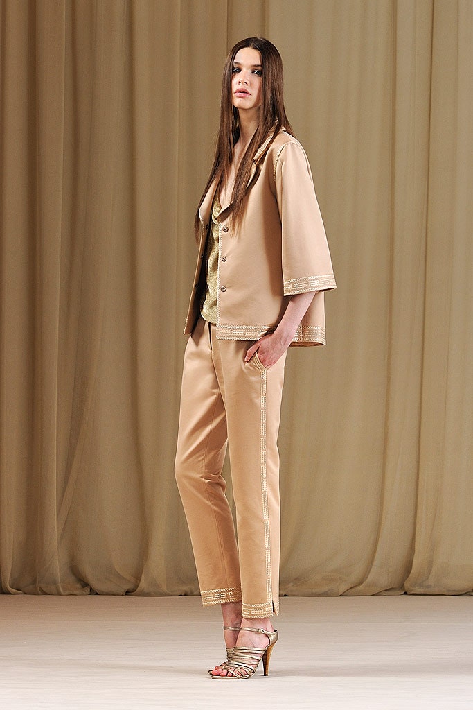 beige silk jacket and pants