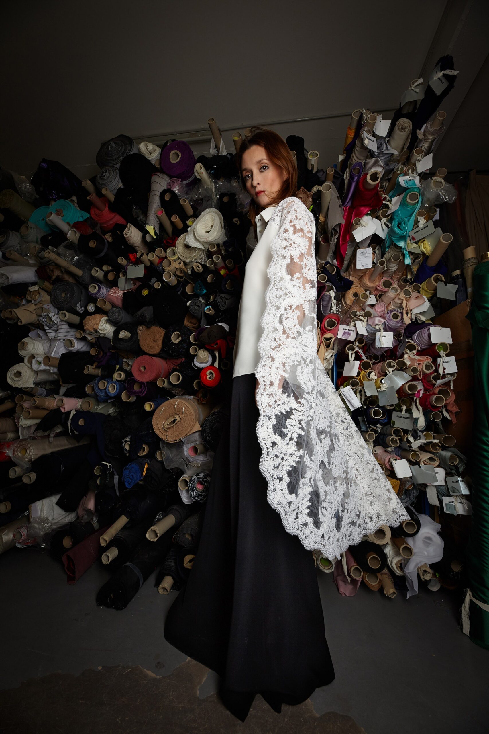 white silk fitted top with black skirt