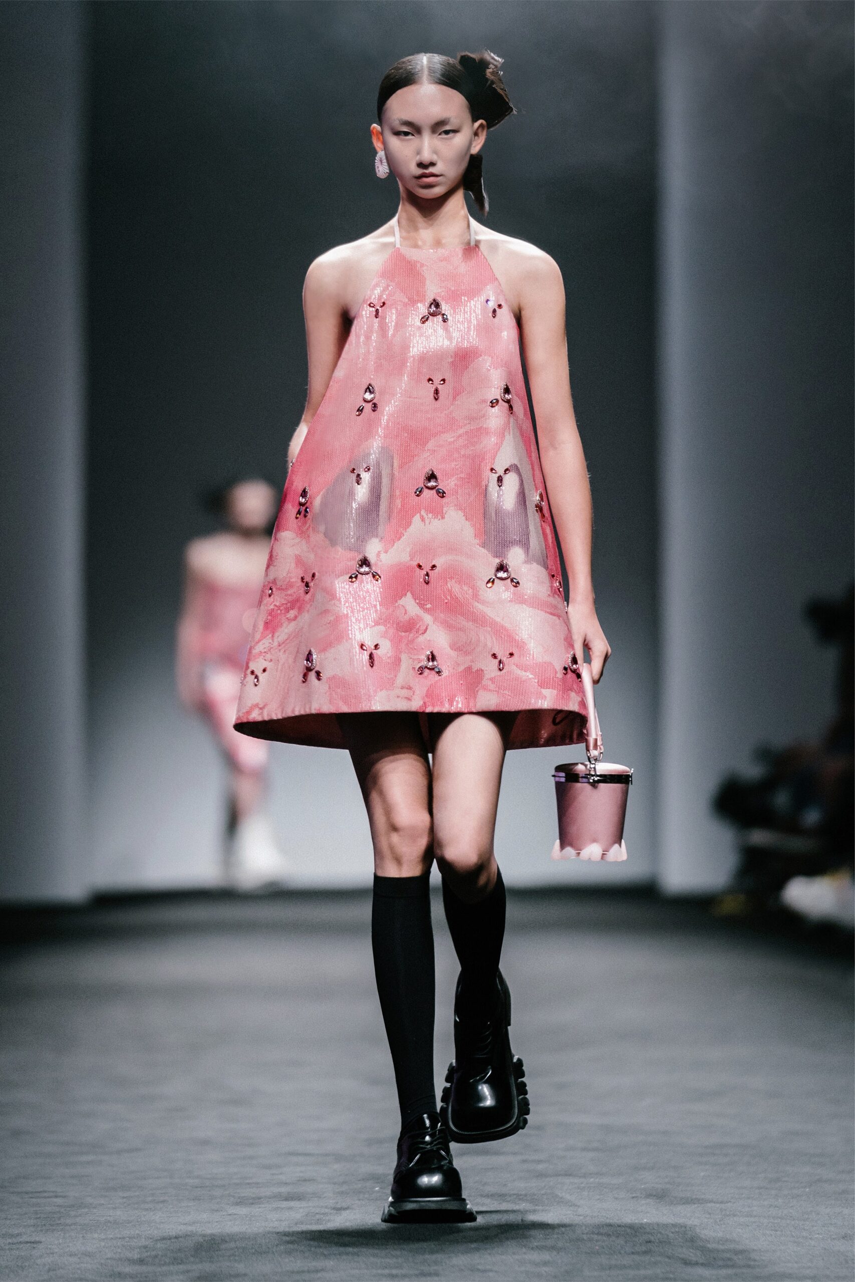 pink printed flared dress