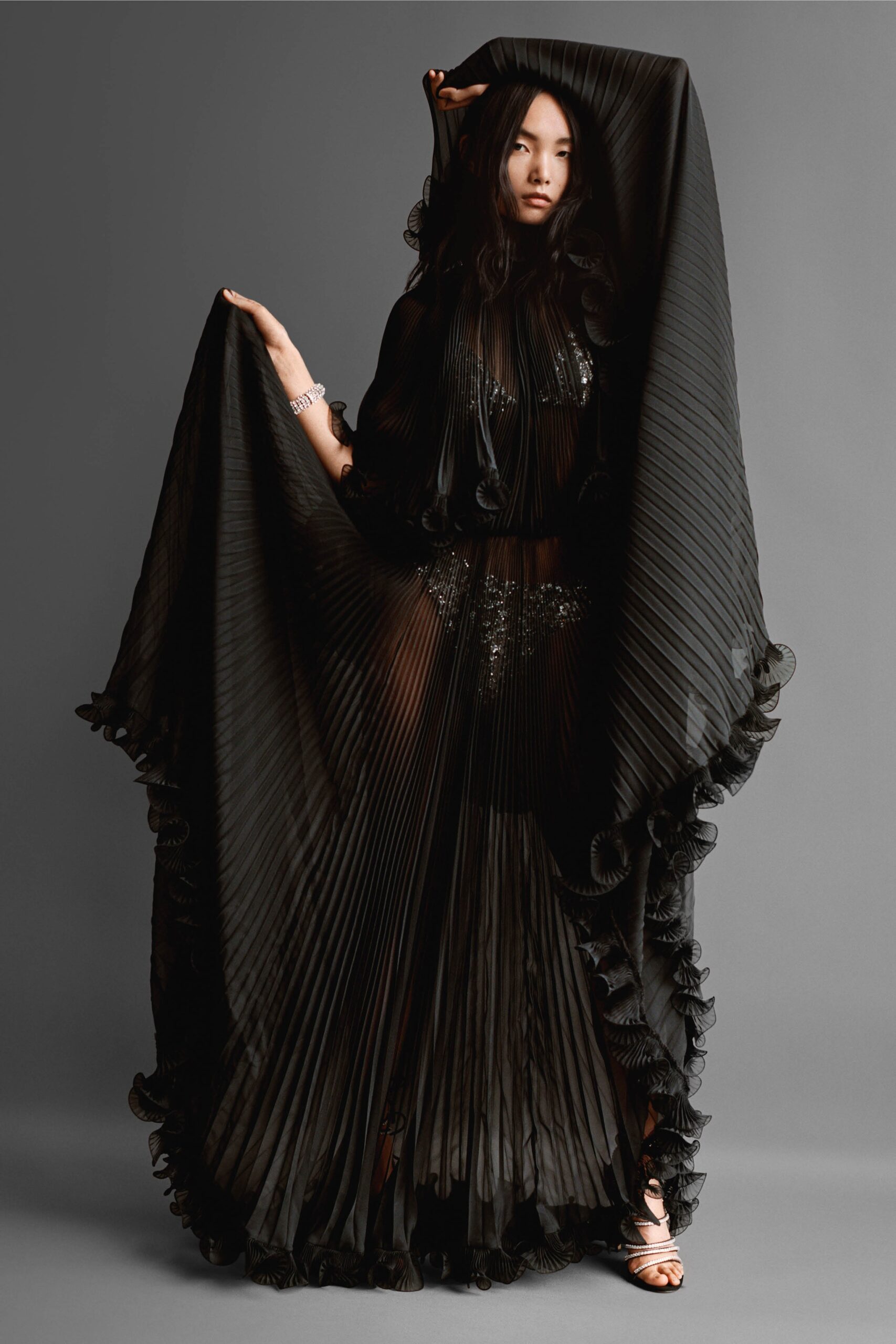 black silk long-sleeve oversized draped flowing cape