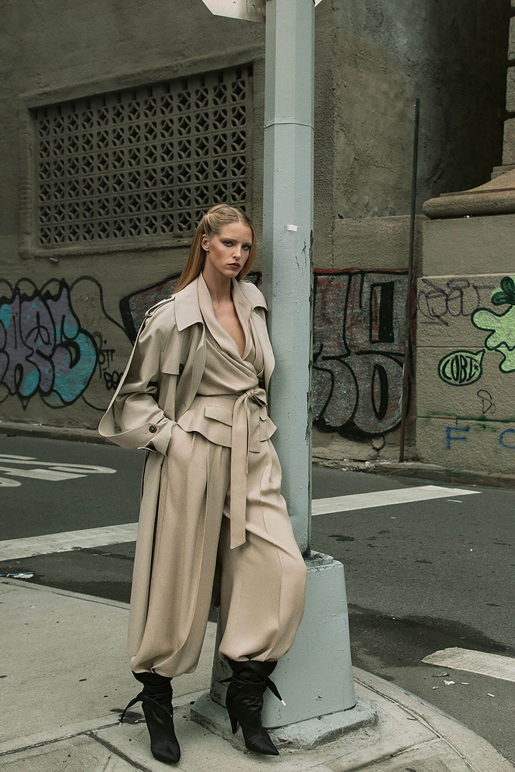 beige wool long-sleeve collared relaxed belted wide-leg jumpsuit