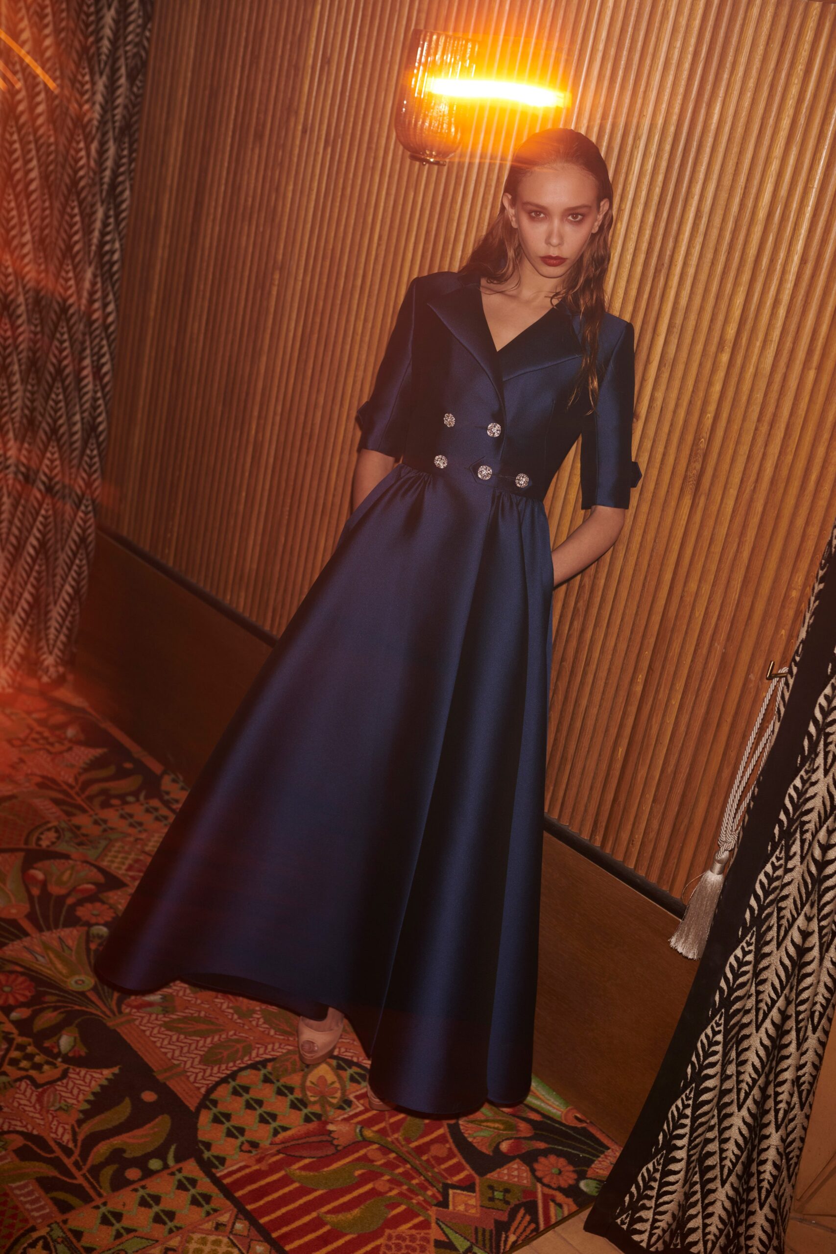 blue silk fitted gown