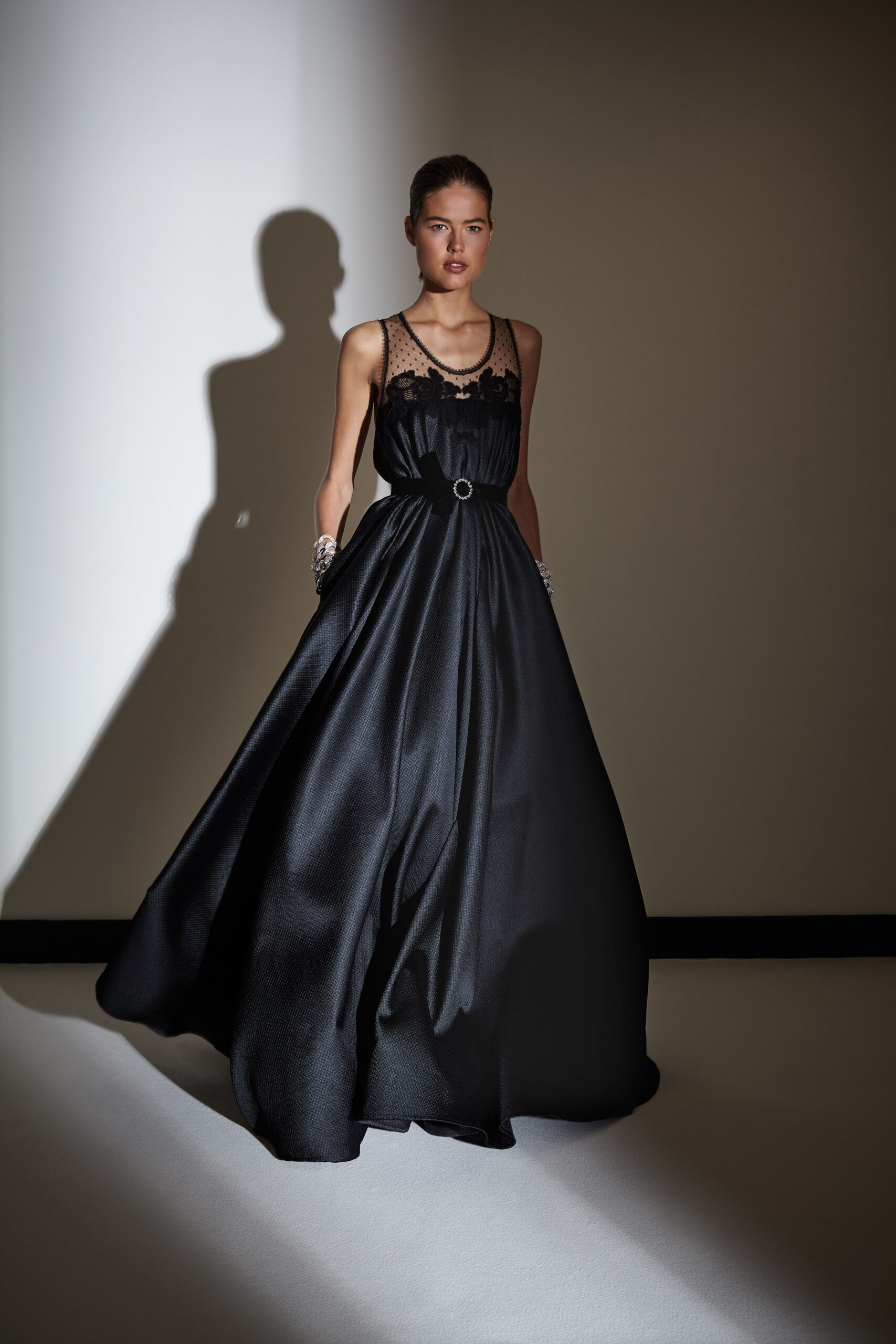 black silk sleeveless gown