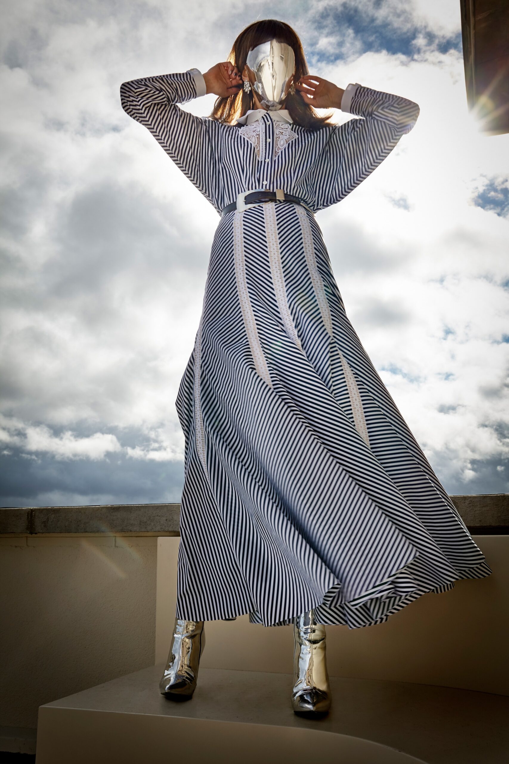 blue cotton long-sleeve collared fitted striped belted dress