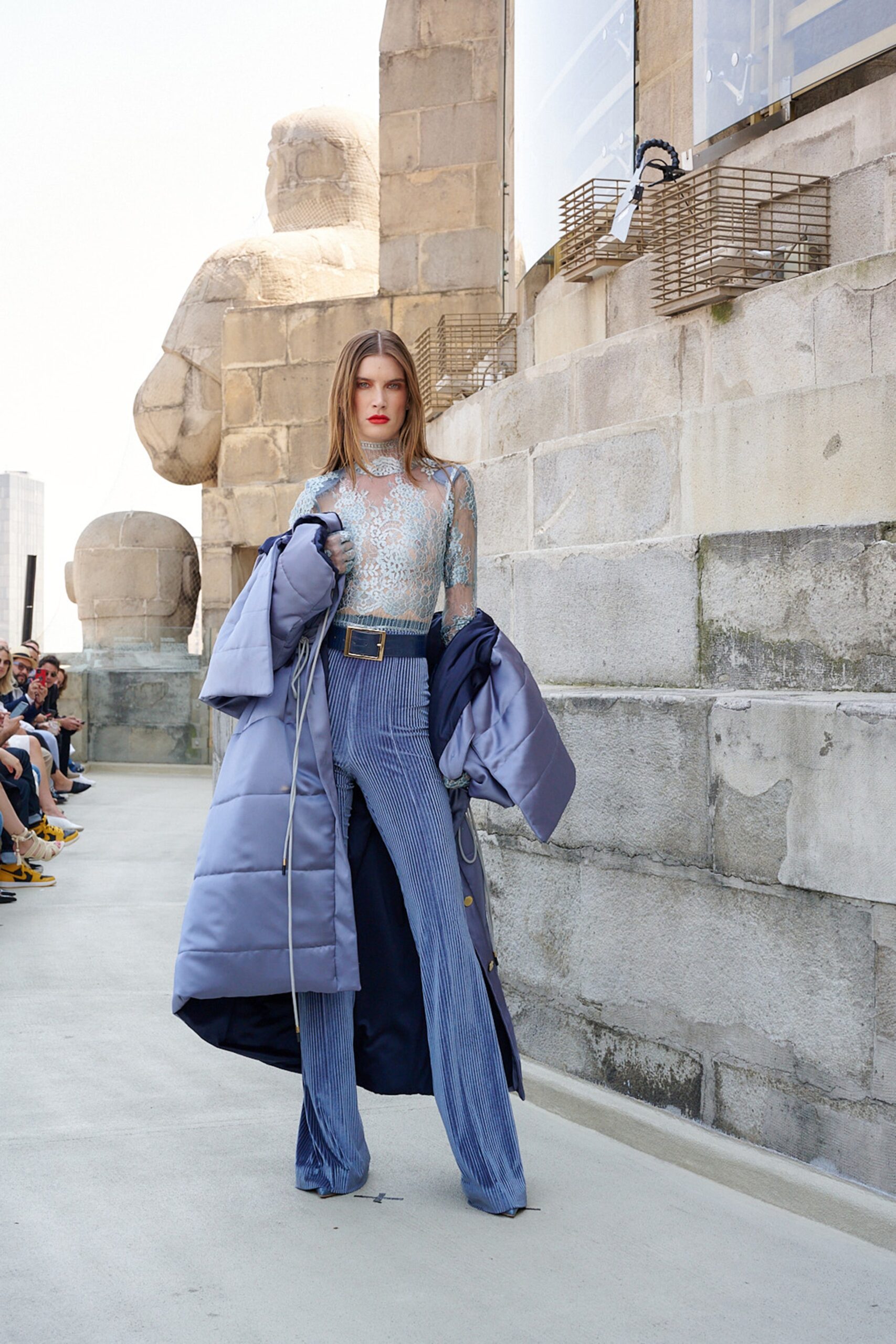 blue vinyl coat with lace top
