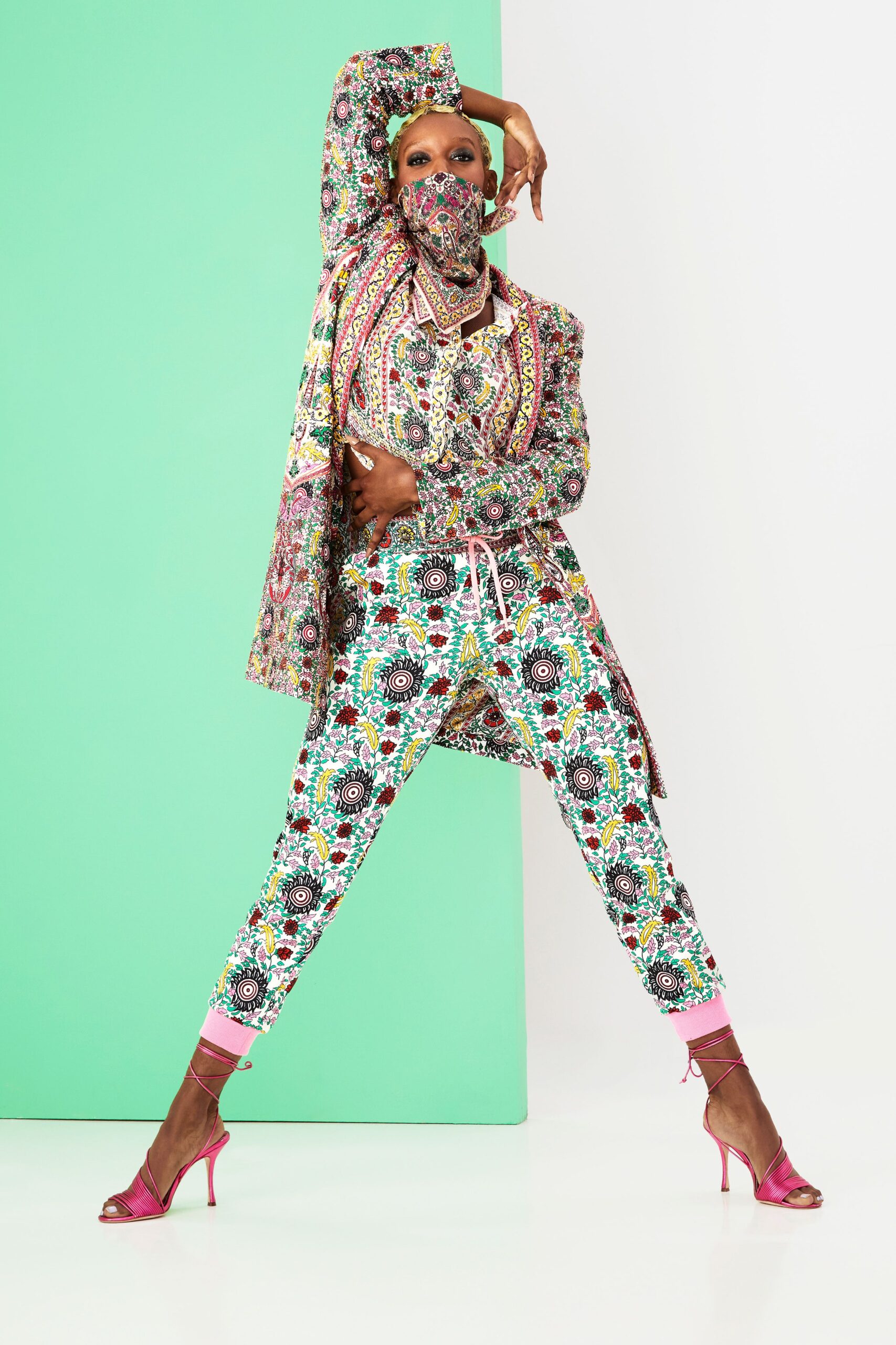 multi-colored printed jacket and pants