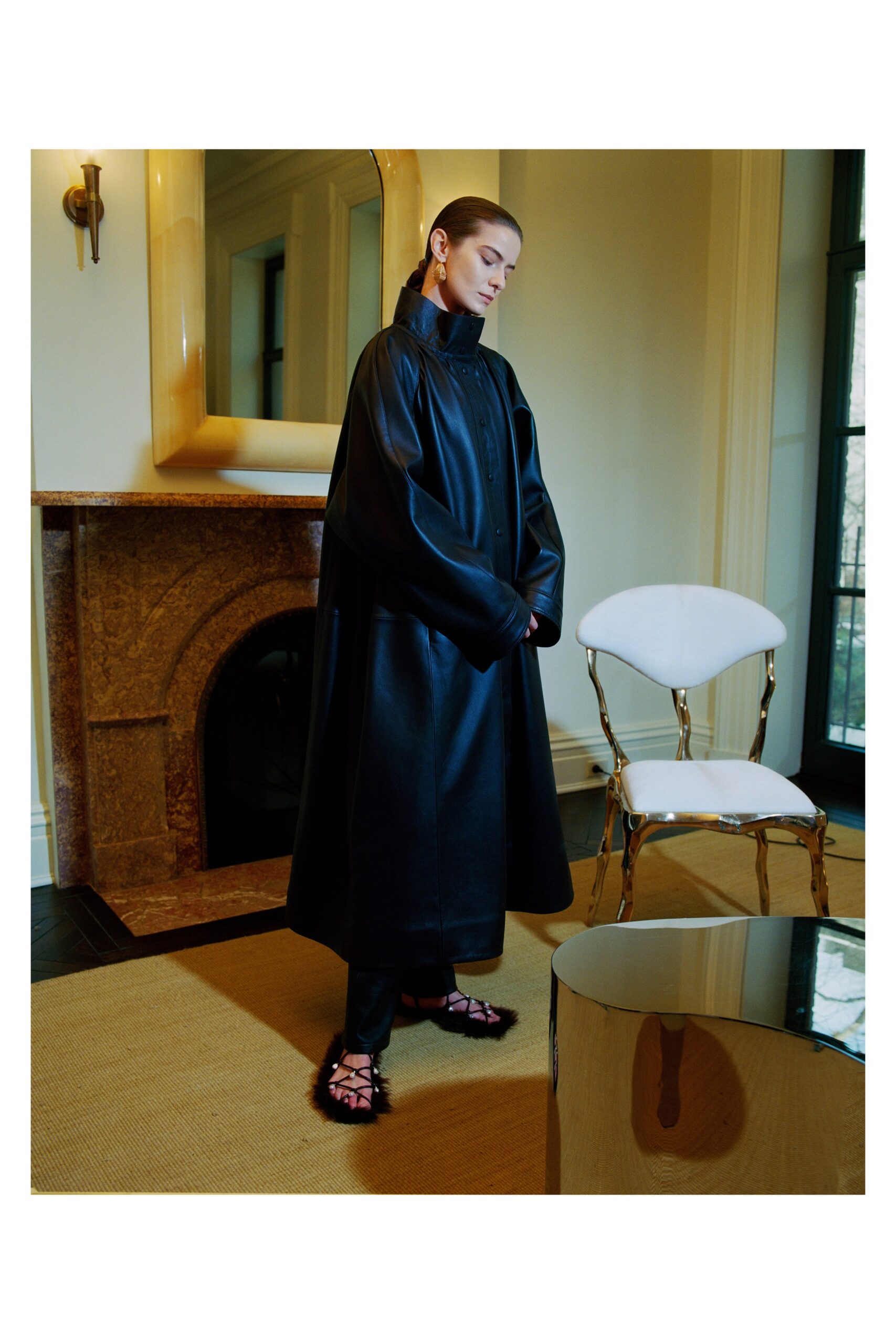 oversized black leather coat