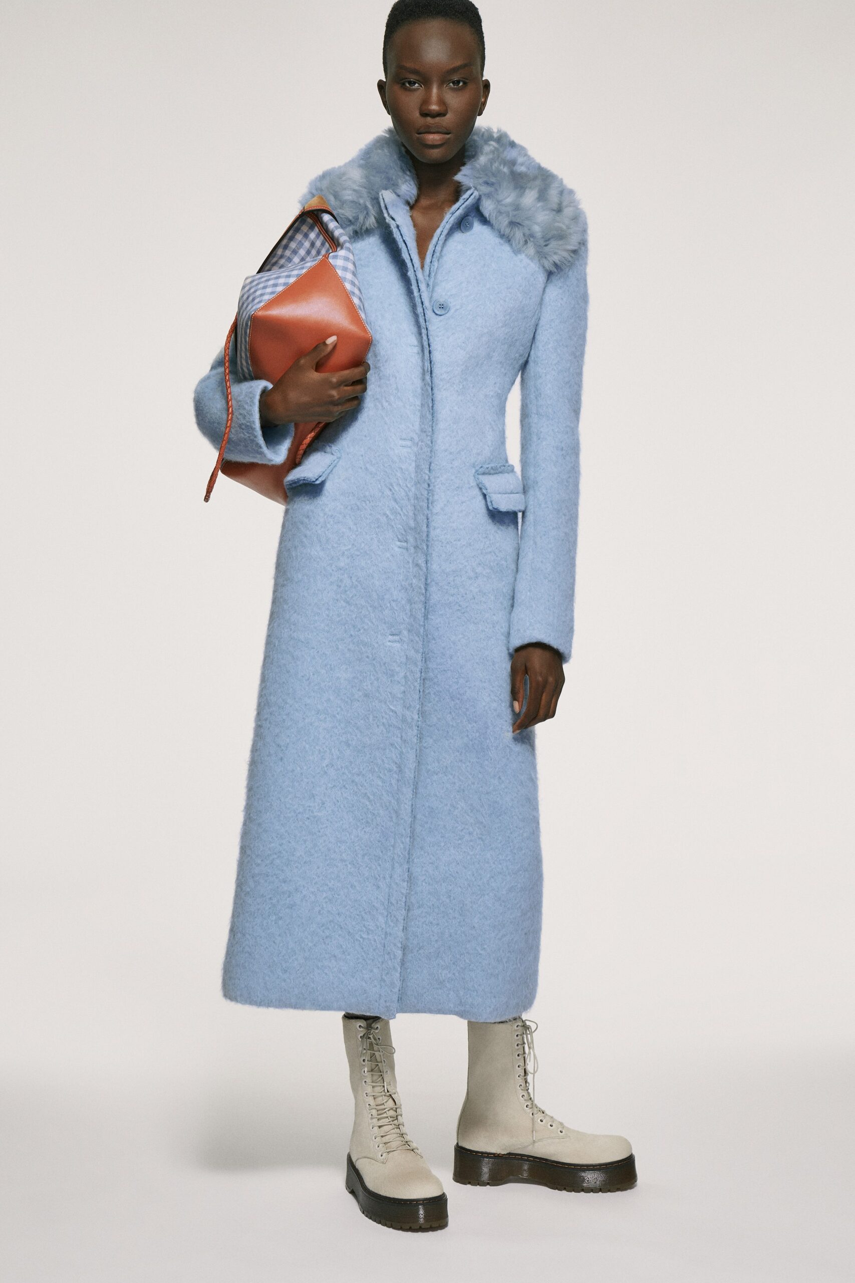 blue wool long-sleeve collared fitted buttoned maxi coat