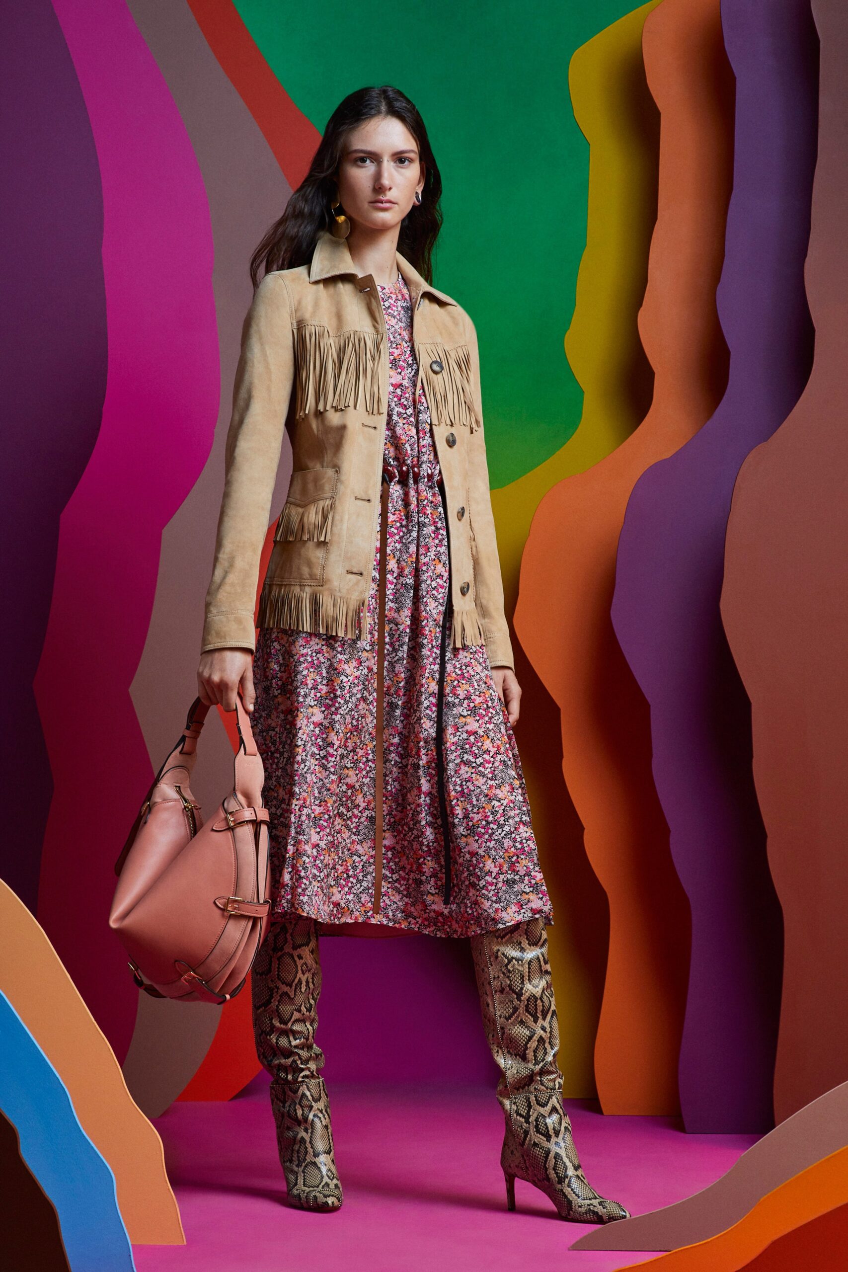 pink cotton long-sleeve collared relaxed floral tiered dress