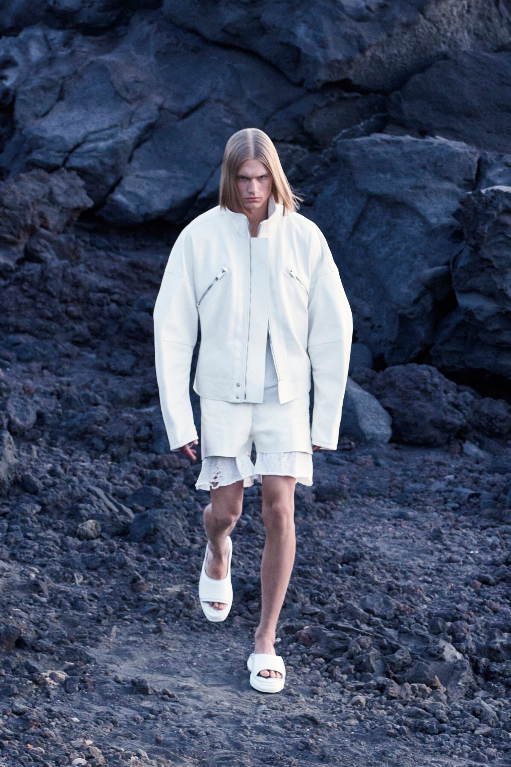 oversized white jacket with fitted skirt