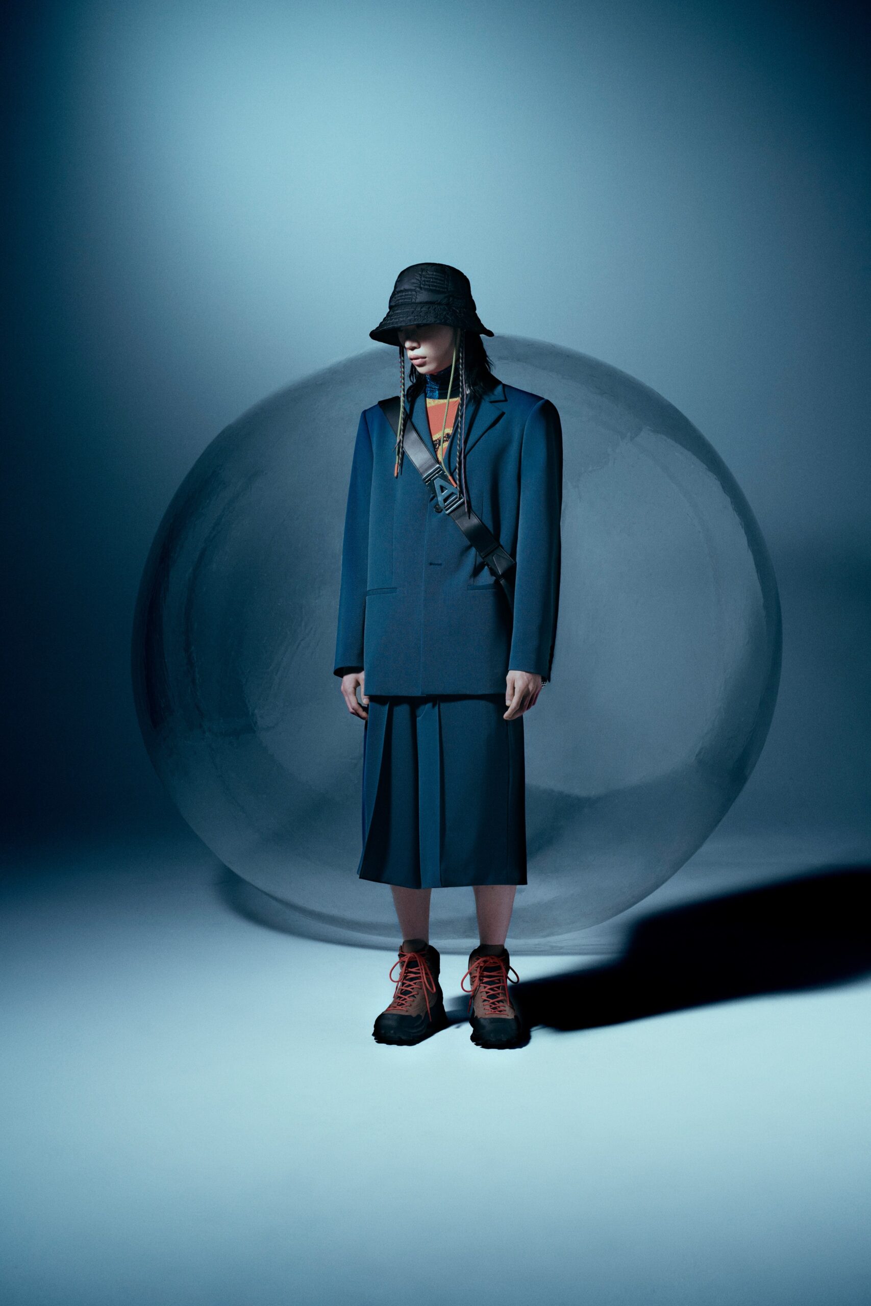 blue wool relaxed pleated midi skirt