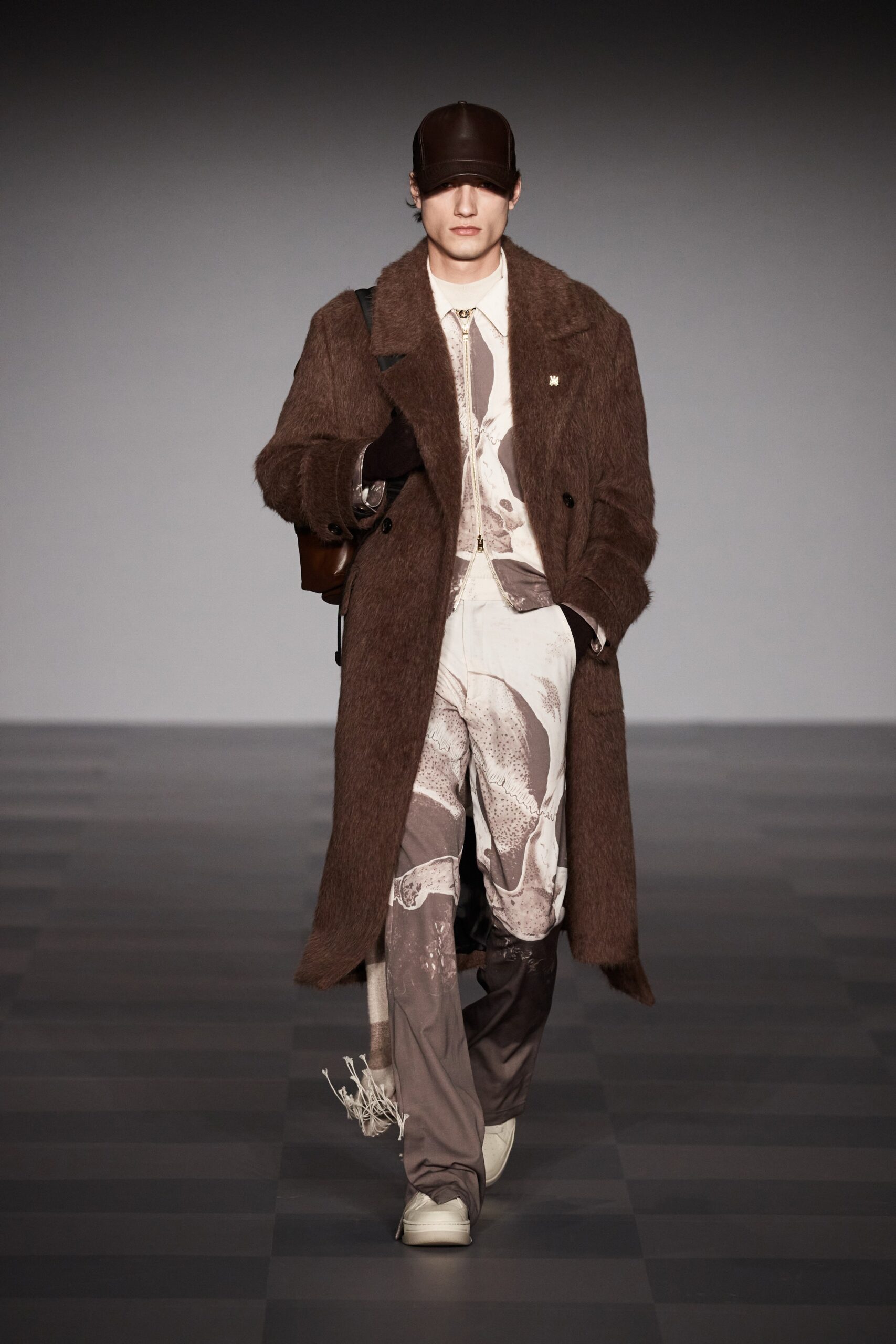 brown wool coat with printed shirt