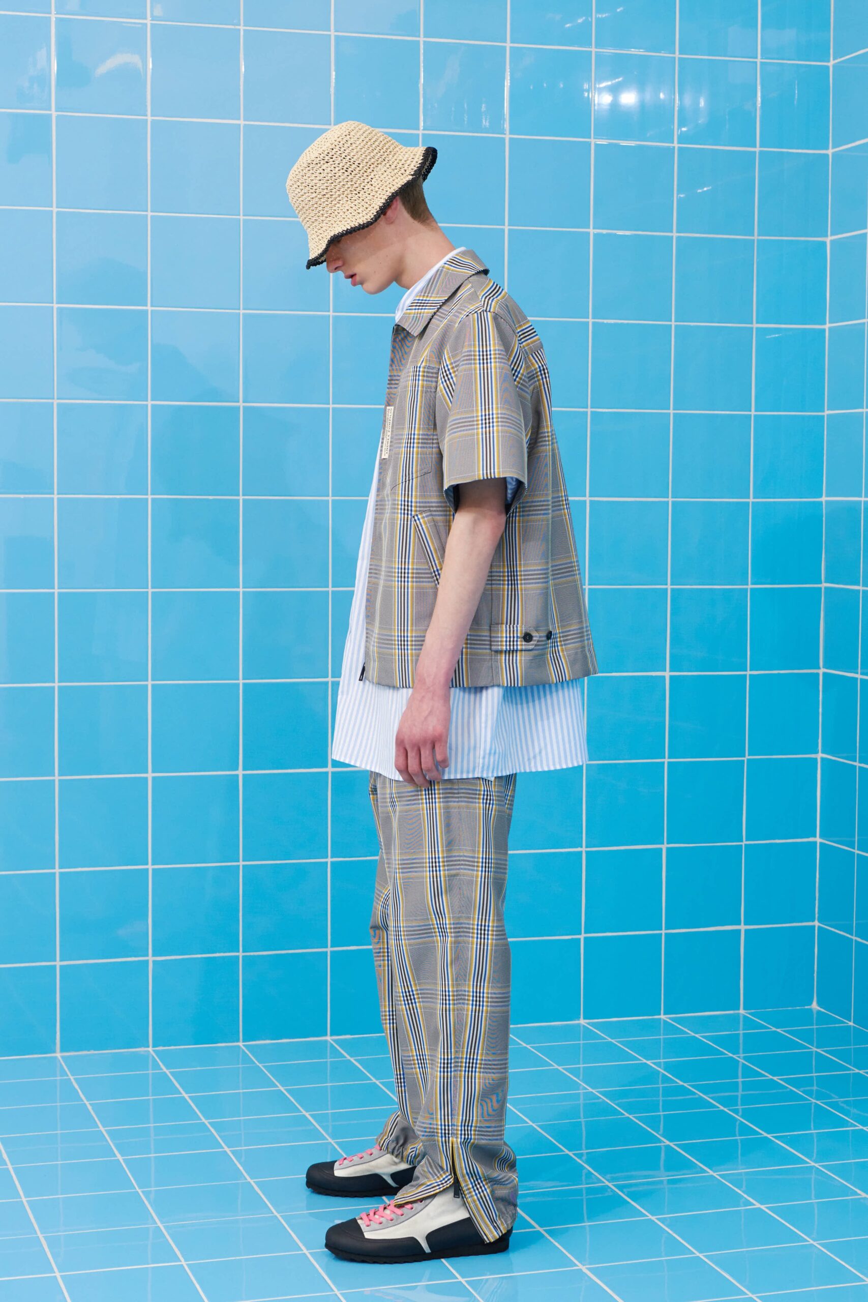 relaxed checked shirt with gray pants