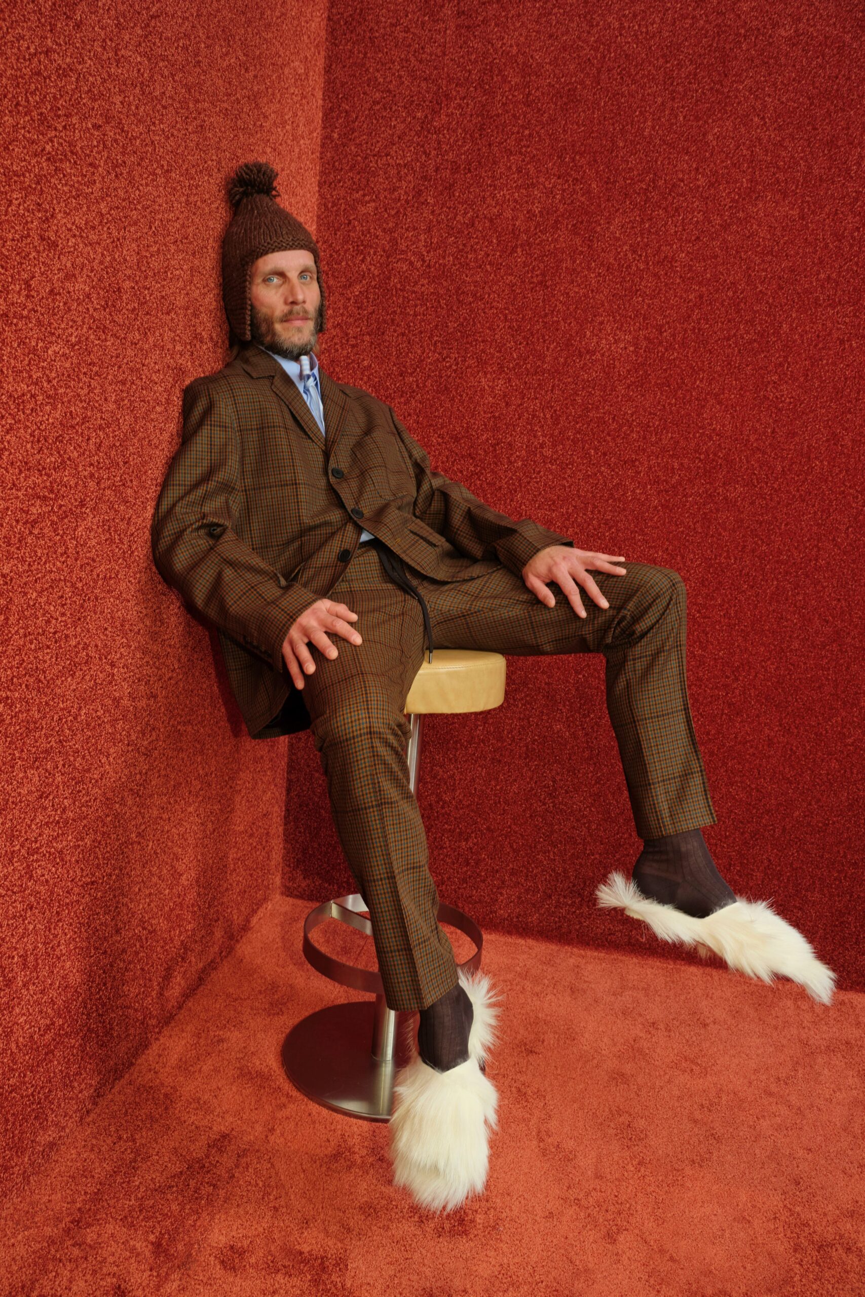 brown checked tailored suit