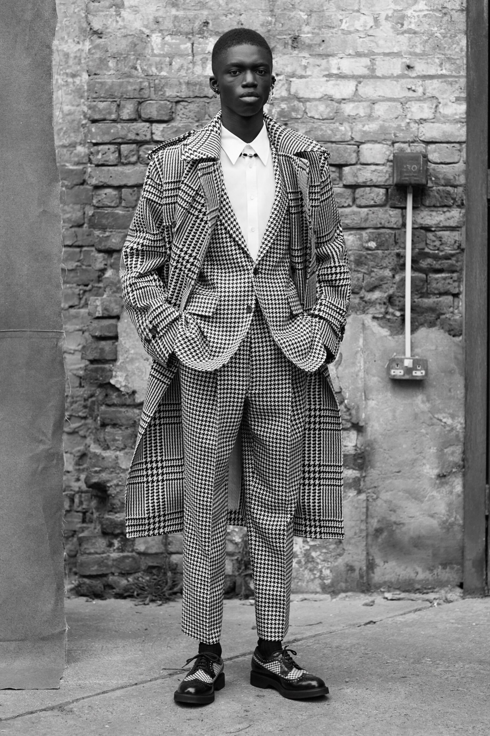 black and white checked suit and coat