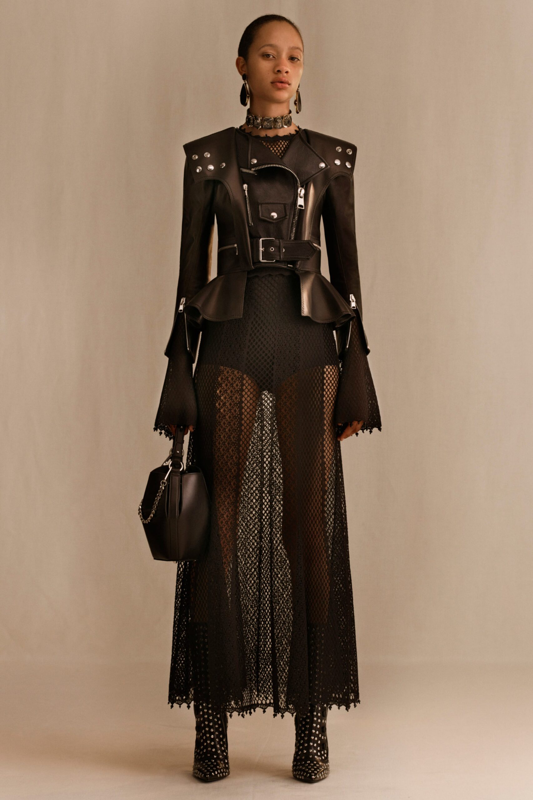 black leather coat with mesh skirt