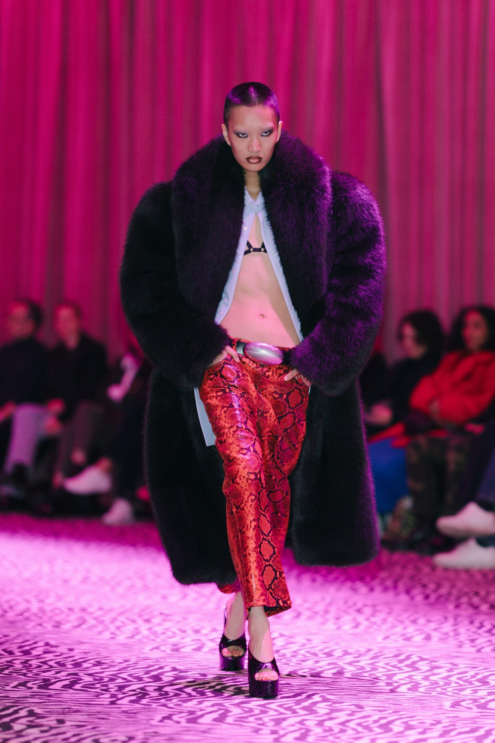 red vinyl fitted flared shiny pants