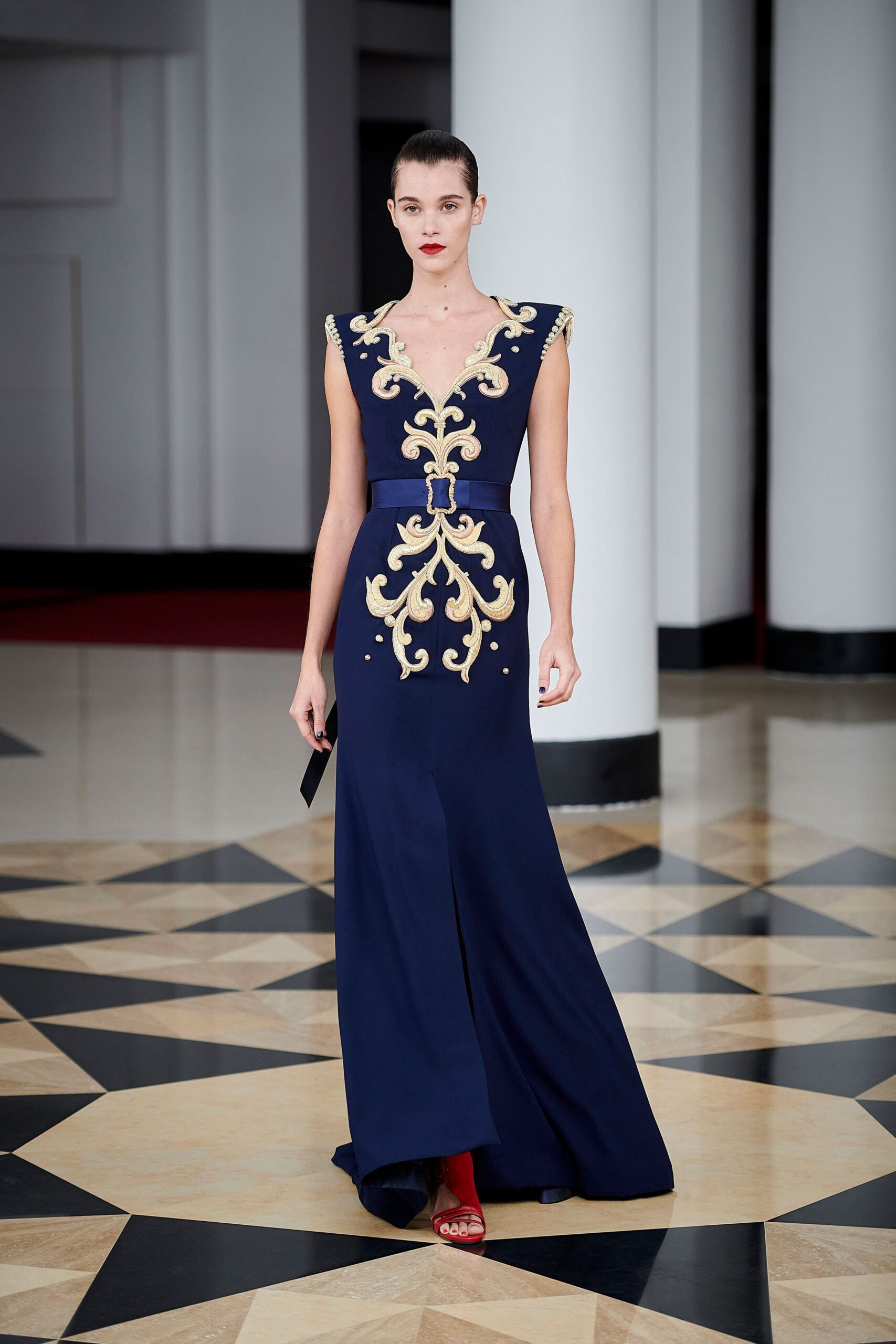 navy silk embroidered gown