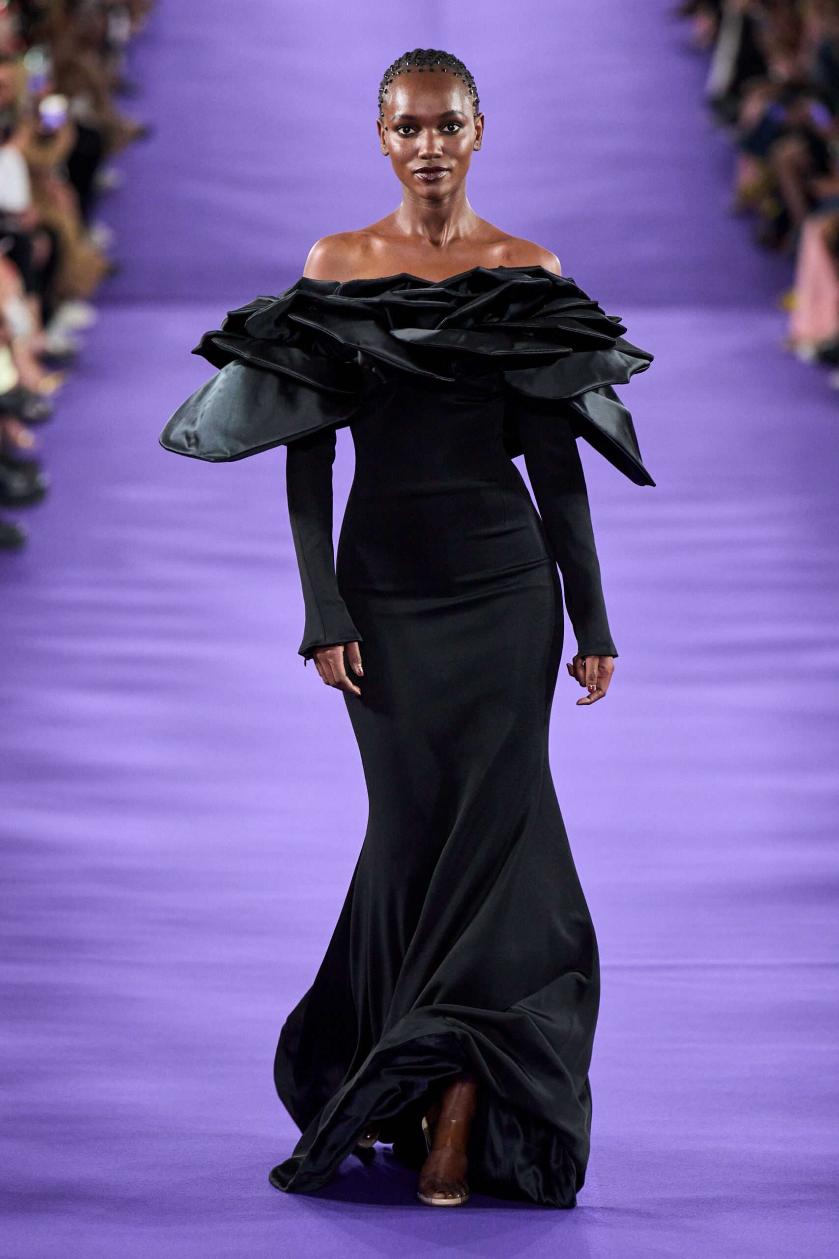 black silk off-shoulder gown