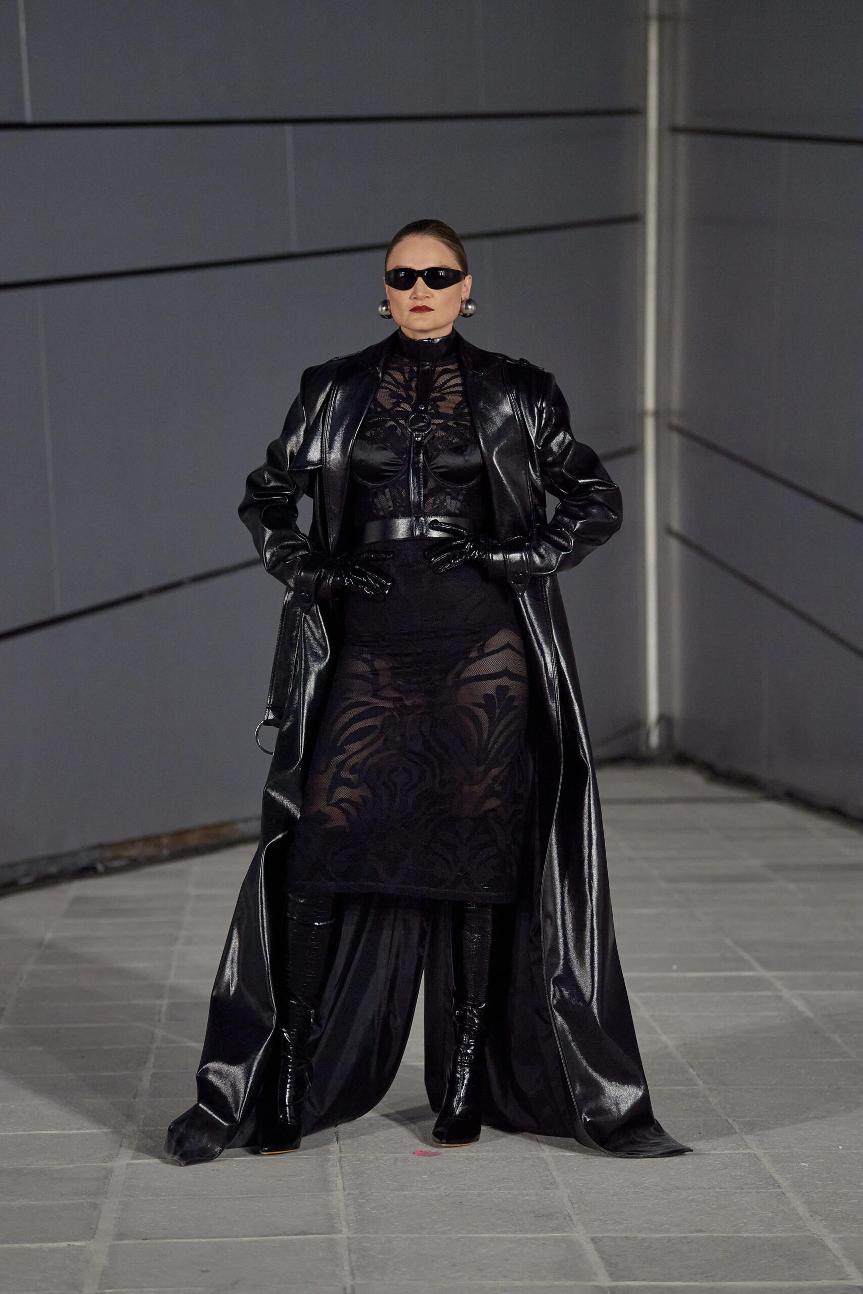 black leather coat and skirt outfit