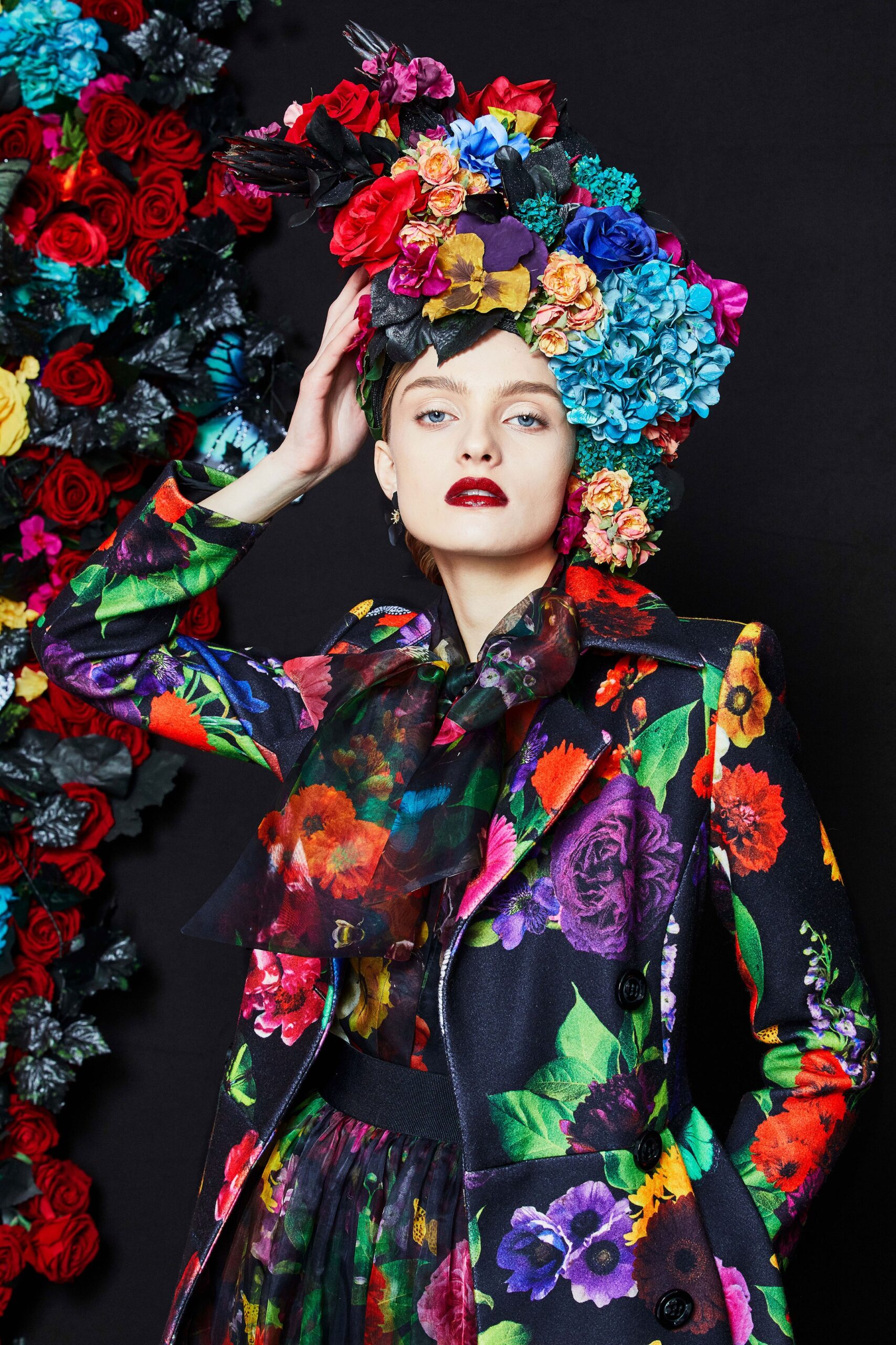 floral black silk blazer and skirt