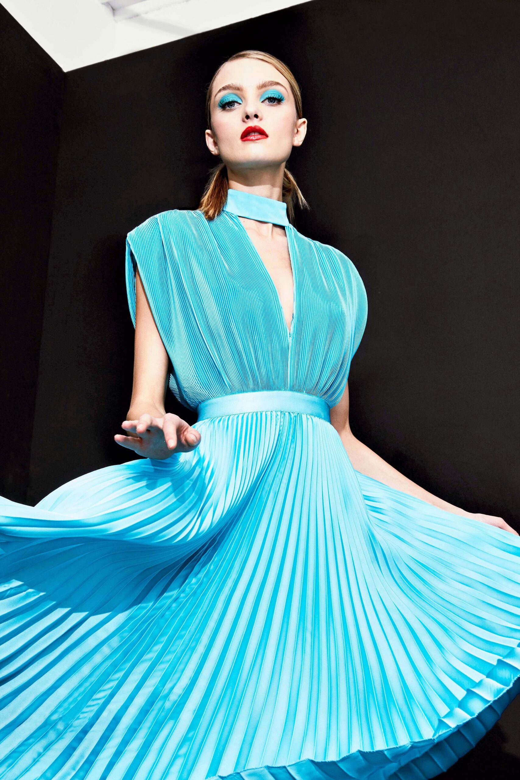 blue silk pleated dress