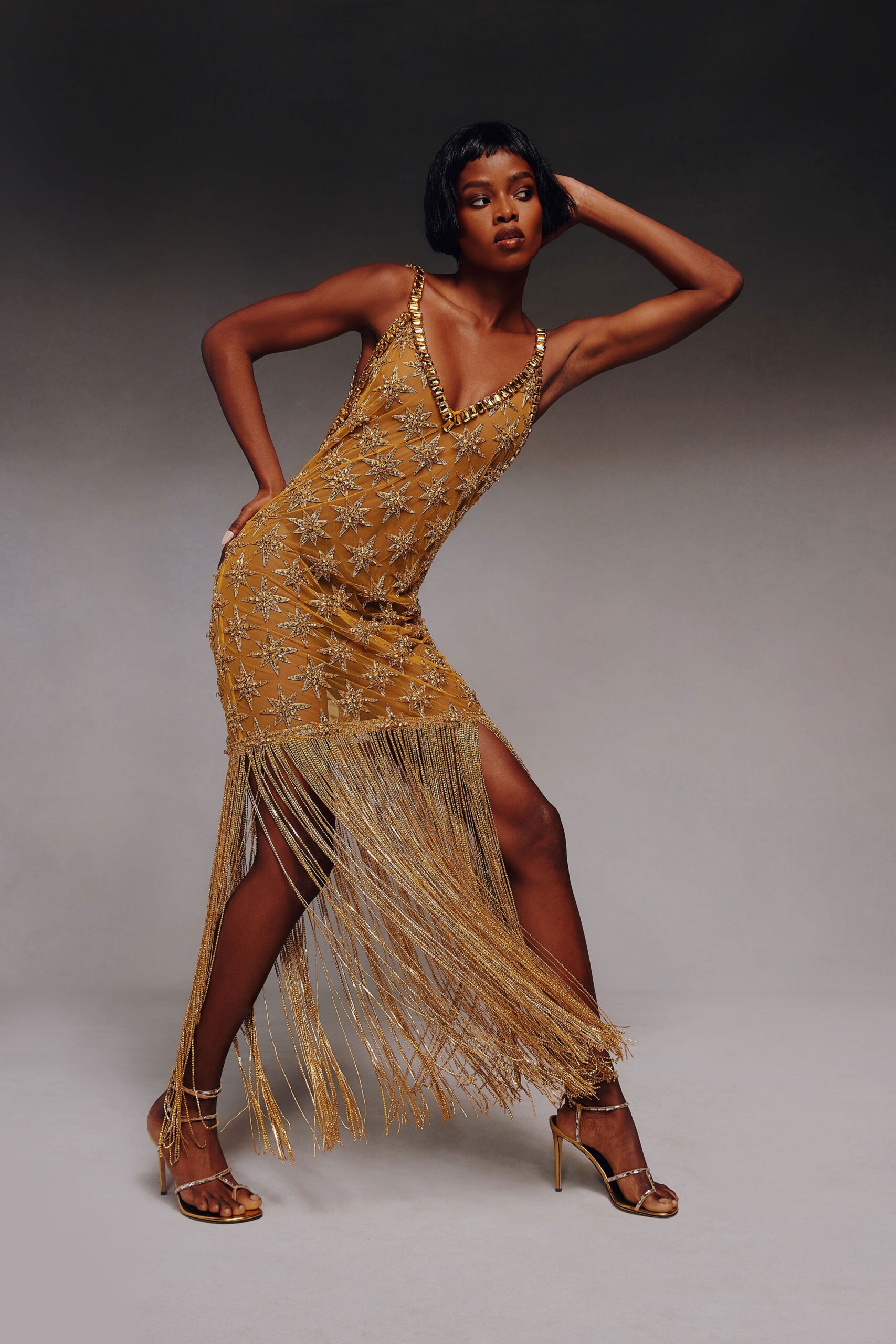 gold unknown spaghetti-strap low-cut fitted embellished fringed maxi-dress