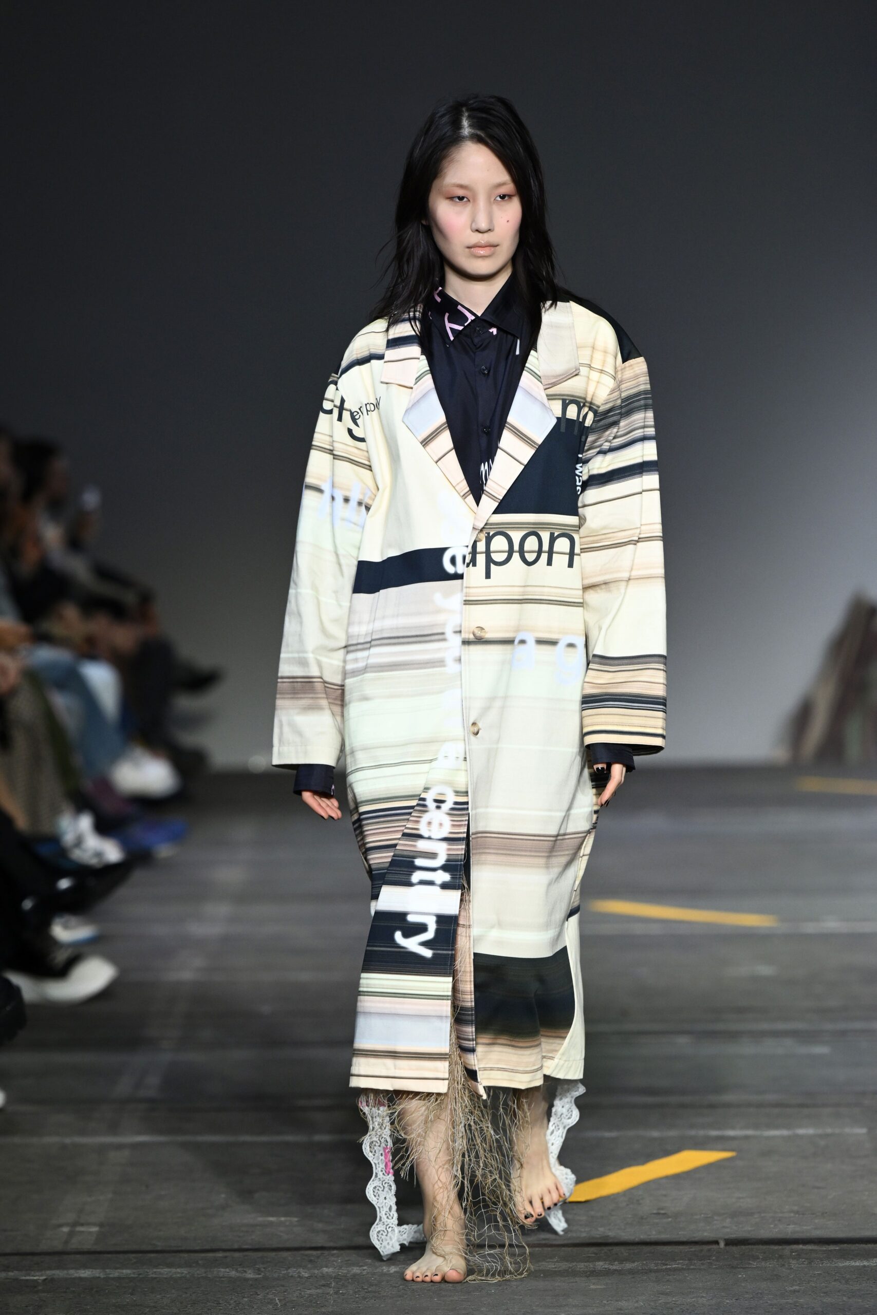 beige cotton long-sleeve collared relaxed printed maxi coat
