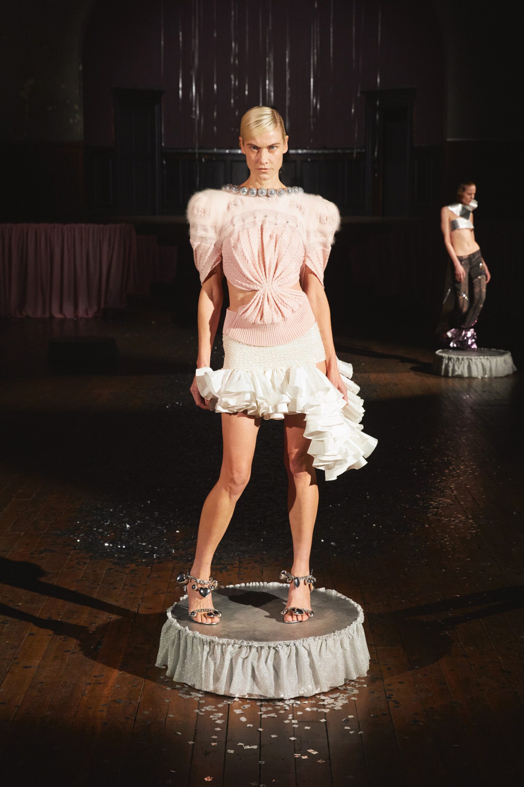 pink pleated top with ruffled skirt